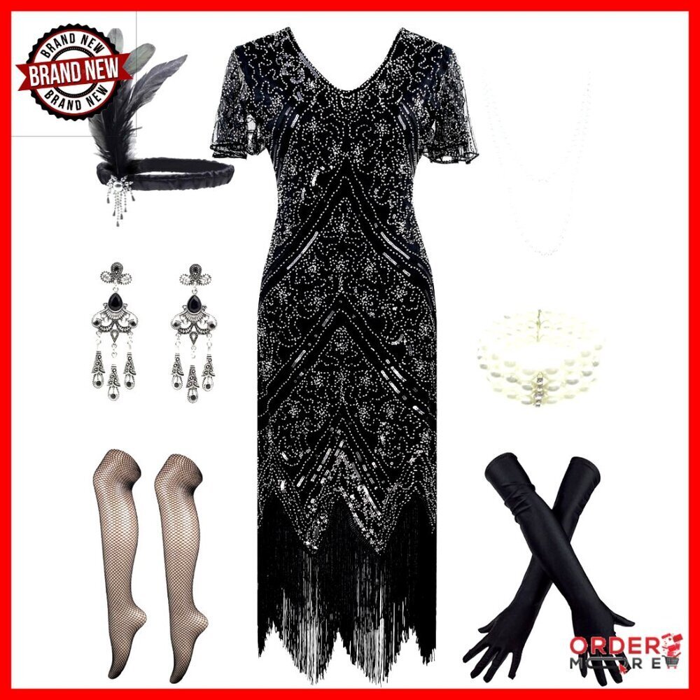 Sequin Beaded Flapper Dress with Tassel Hem and 1920s Accessories Set